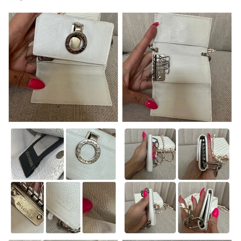 Bvlgari white leather key holder paired with removable off brand purse and chain